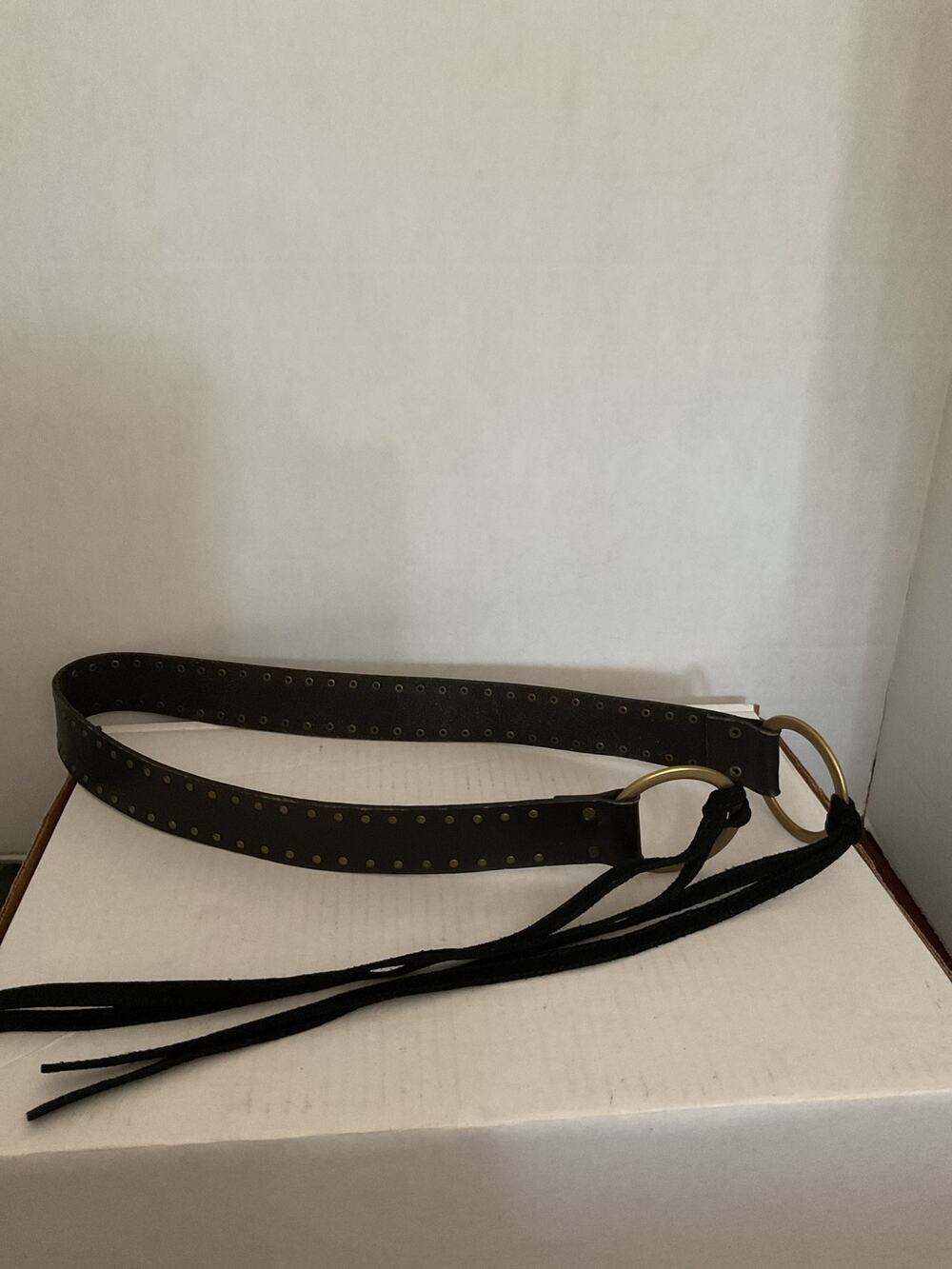 Dimensions by WCM -Wide Brown Leather Belt w/Brass Studs Double Ring Closure -M